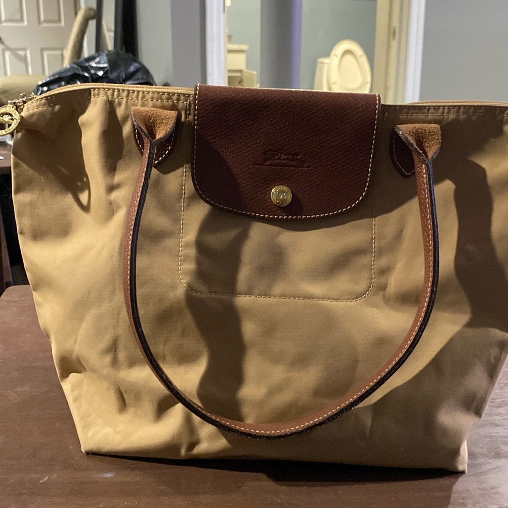 Longchamp Beige/Brown Nylon and Leather Medium Le Pliage Tote